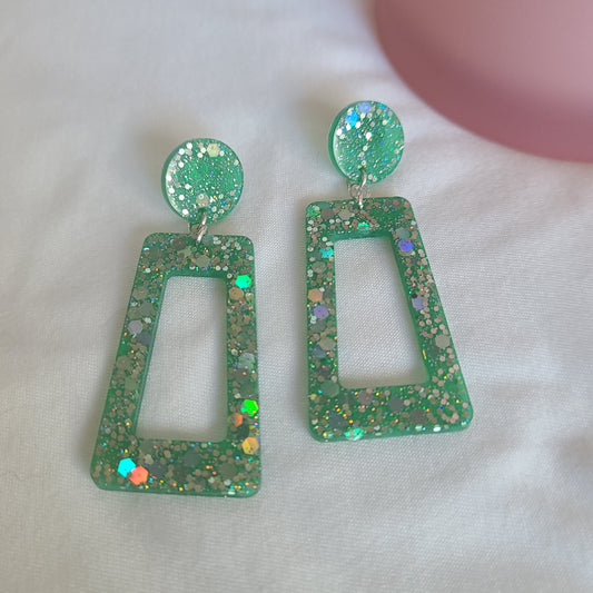 Green & Silver Glitter Rectangle Dangle Earrings