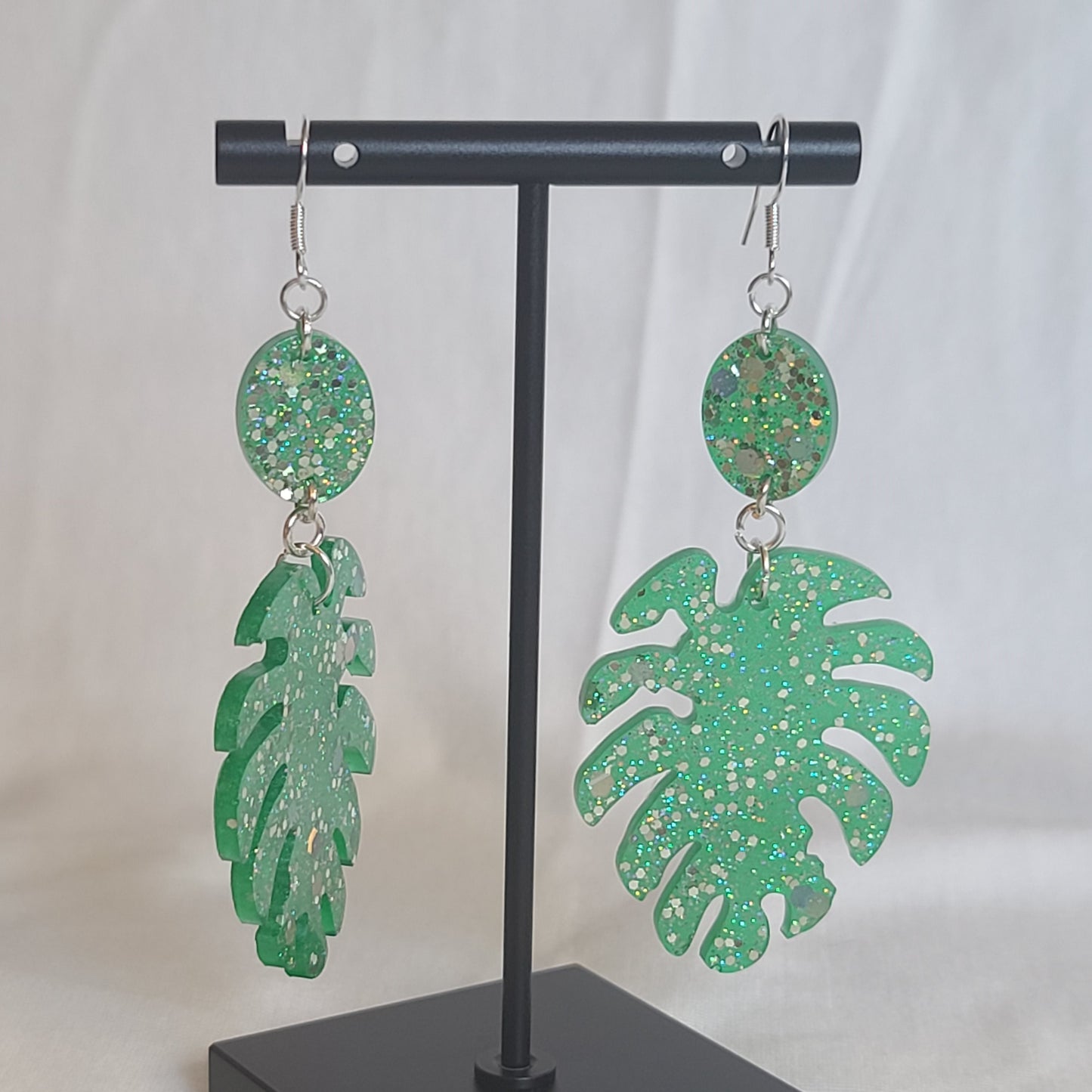 Green & Silver Glitter Monstera Leaf Dangle Earrings