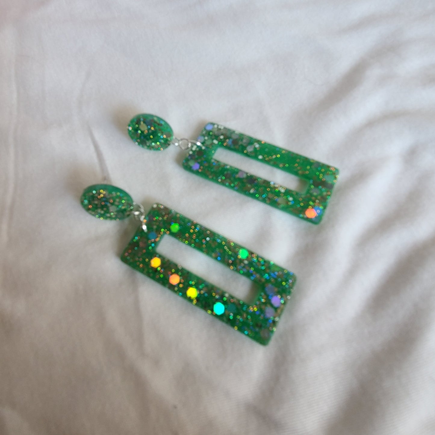 Green & Silver Glitter Rectangle Dangle Earrings