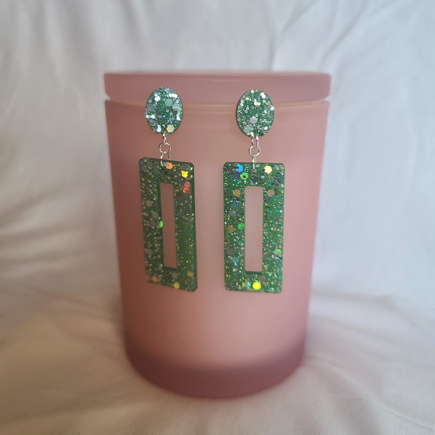 Green & Silver Glitter Rectangle Dangle Earrings