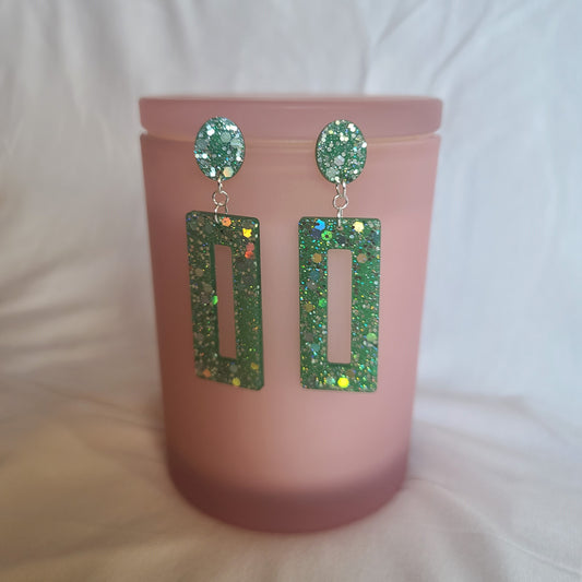 Green & Silver Glitter Rectangle Dangle Earrings