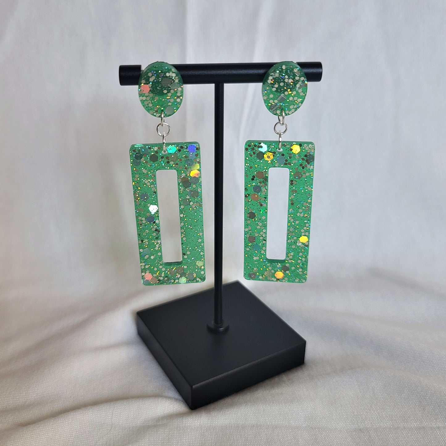 Green & Silver Glitter Rectangle Dangle Earrings