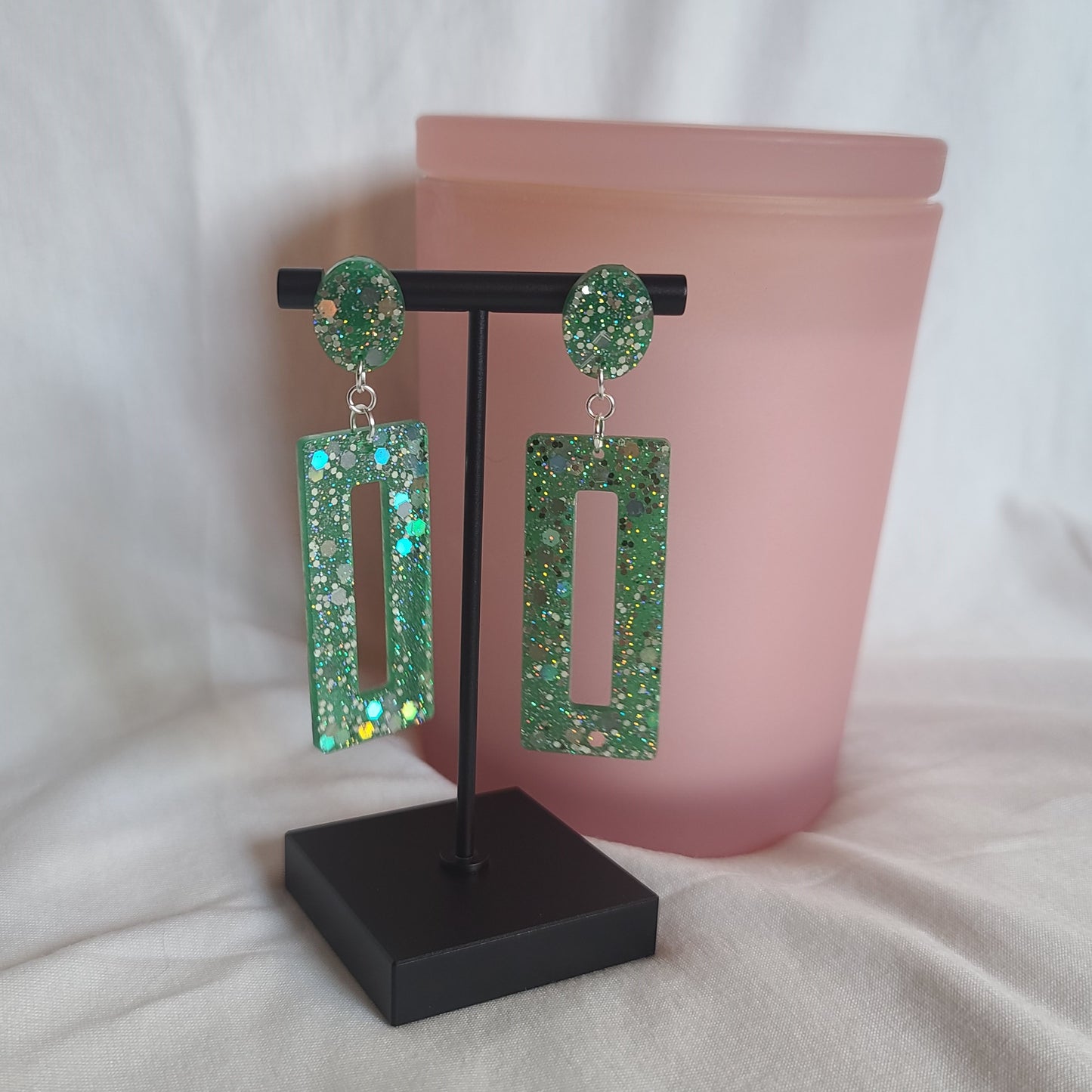 Green & Silver Glitter Rectangle Dangle Earrings