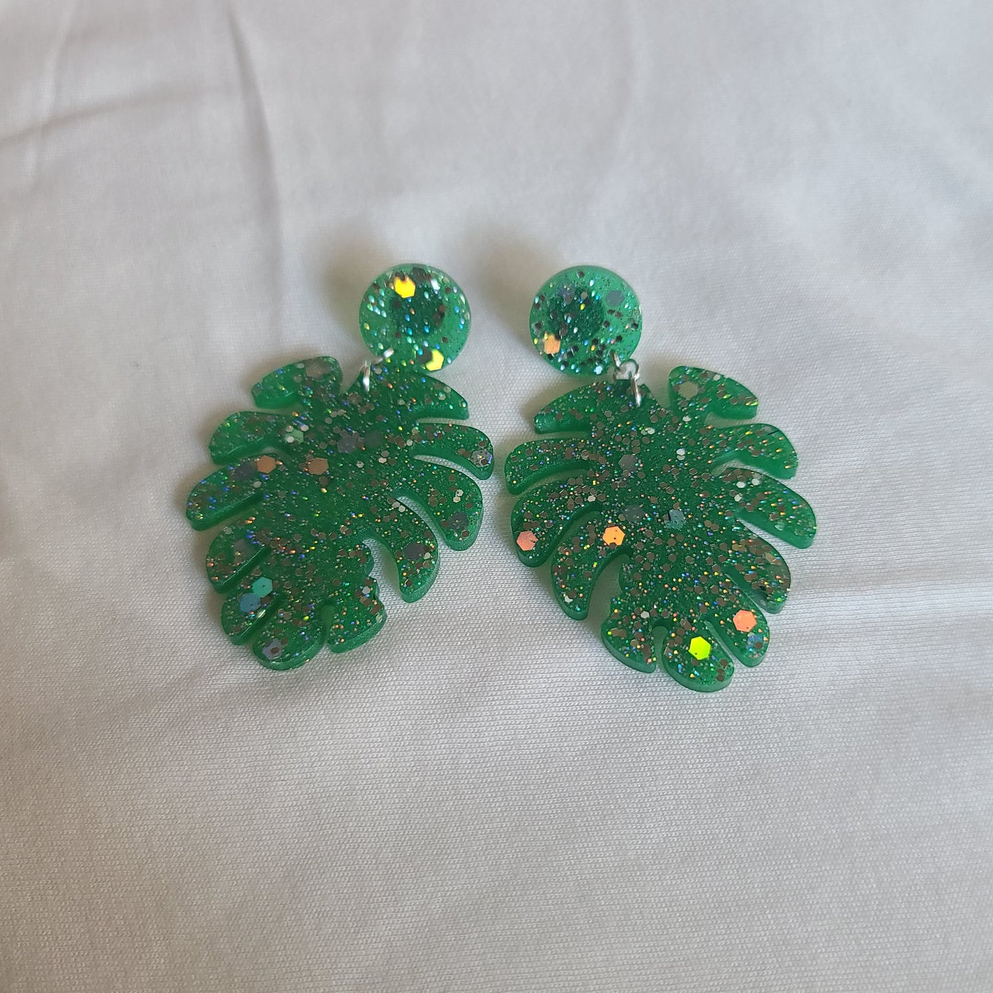 Green Silver Glitter Monstera Dangle Earrings