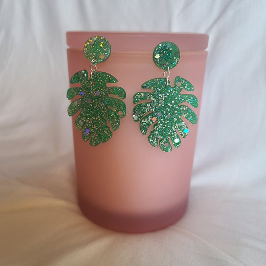 Green & Silver Glitter Monstera Leaf Dangle Earrings