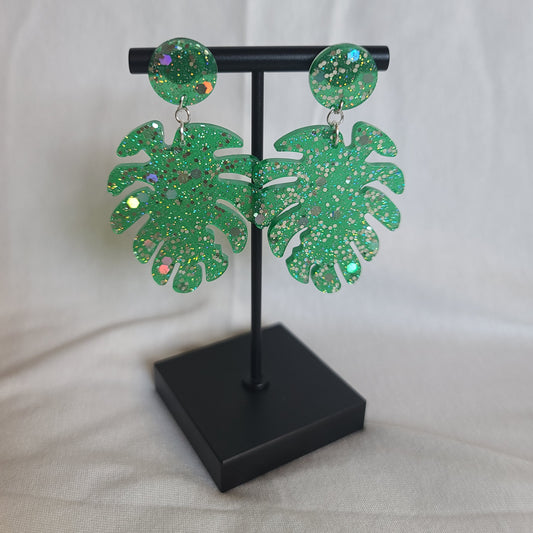 Green Silver Glitter Monstera Dangle Earrings