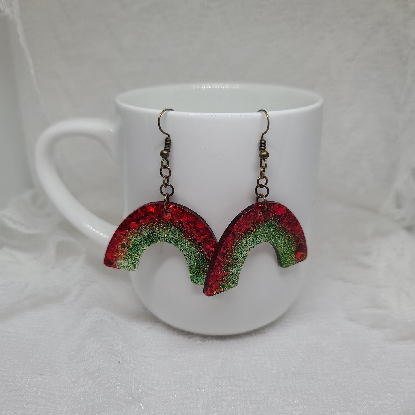 Red & Green Glitter Rainbow Dangle Earrings