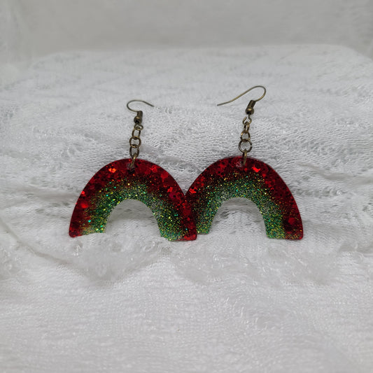 Red & Green Glitter Rainbow Dangle Earrings