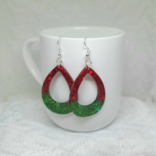 Red & Green Glitter Teardrop Dangle Earrings
