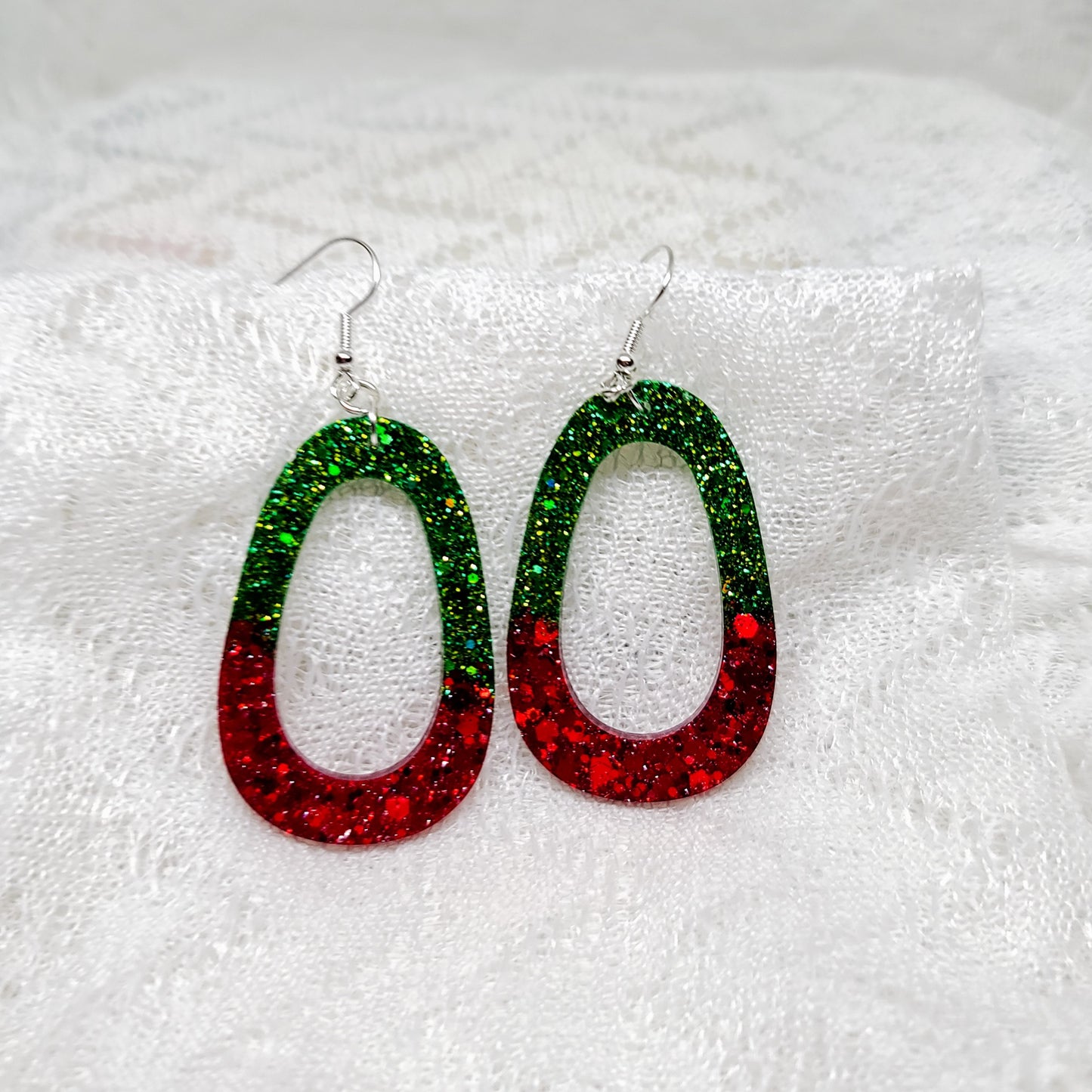 Red & Green Glitter Hoop  Dangle Earrings