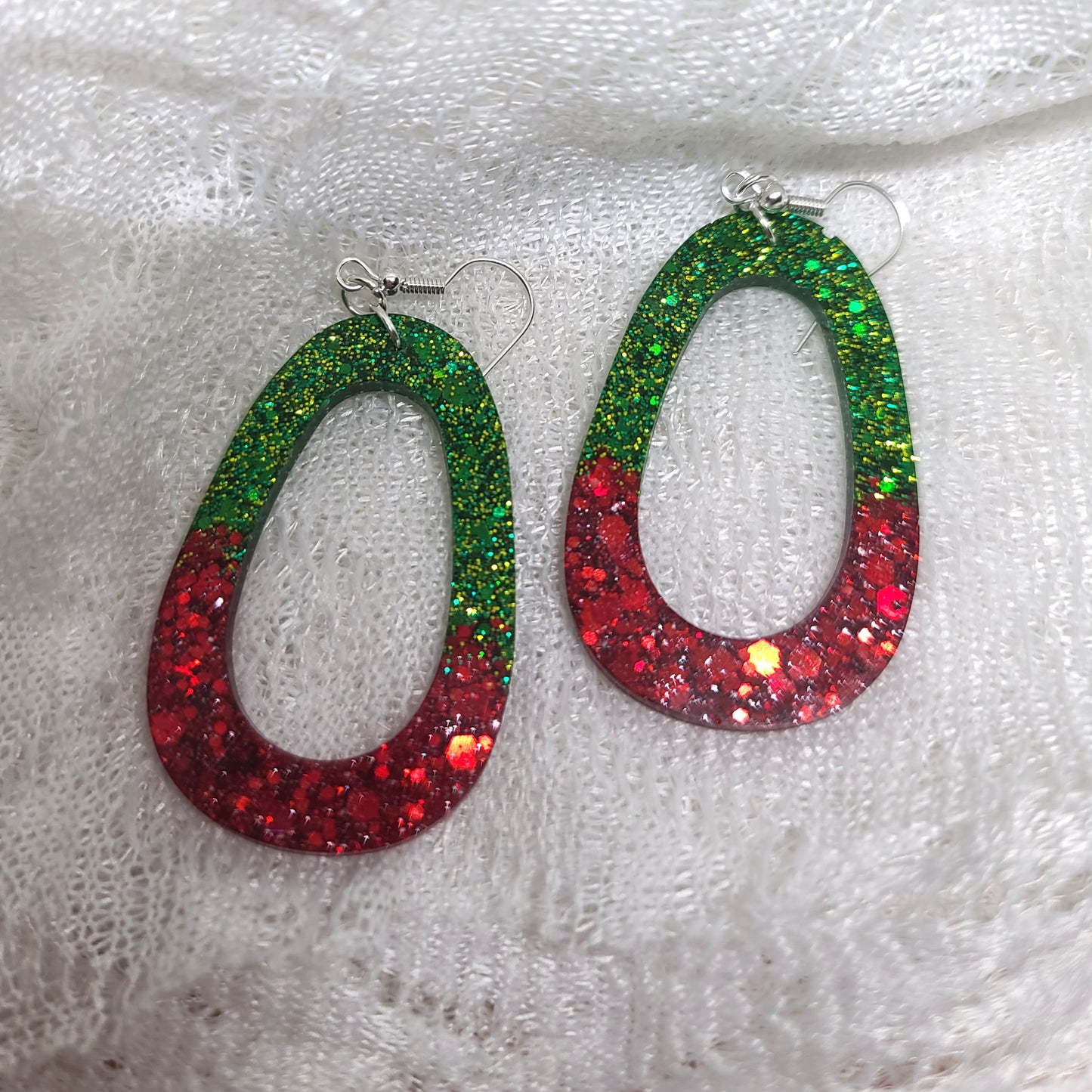 Red & Green Glitter Hoop  Dangle Earrings