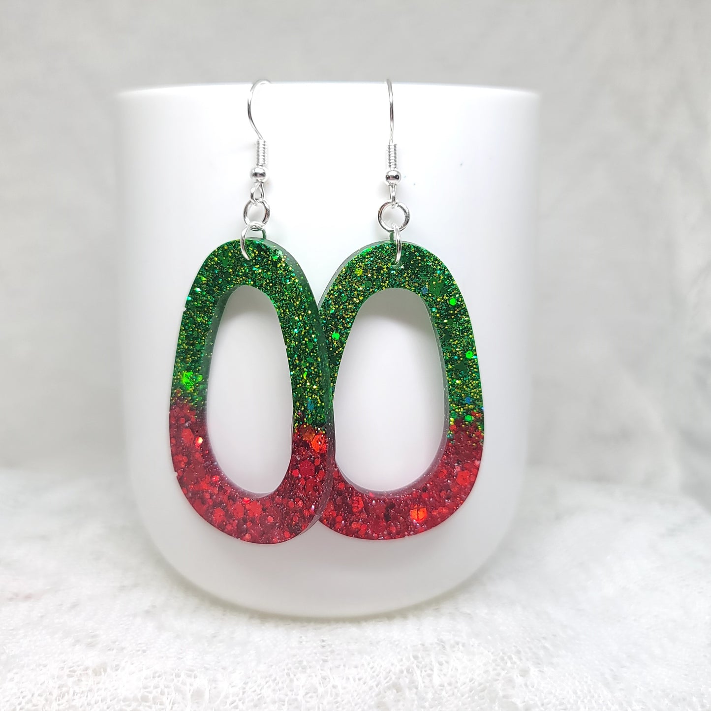 Red & Green Glitter Hoop  Dangle Earrings