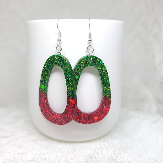 Red & Green Glitter Hoop  Dangle Earrings