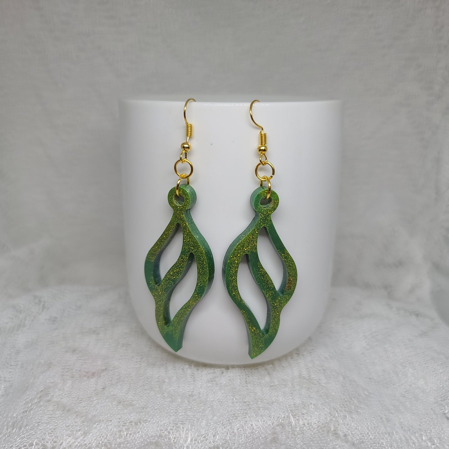 Green & Gold Feather Wing Shaped Dangle Earrings