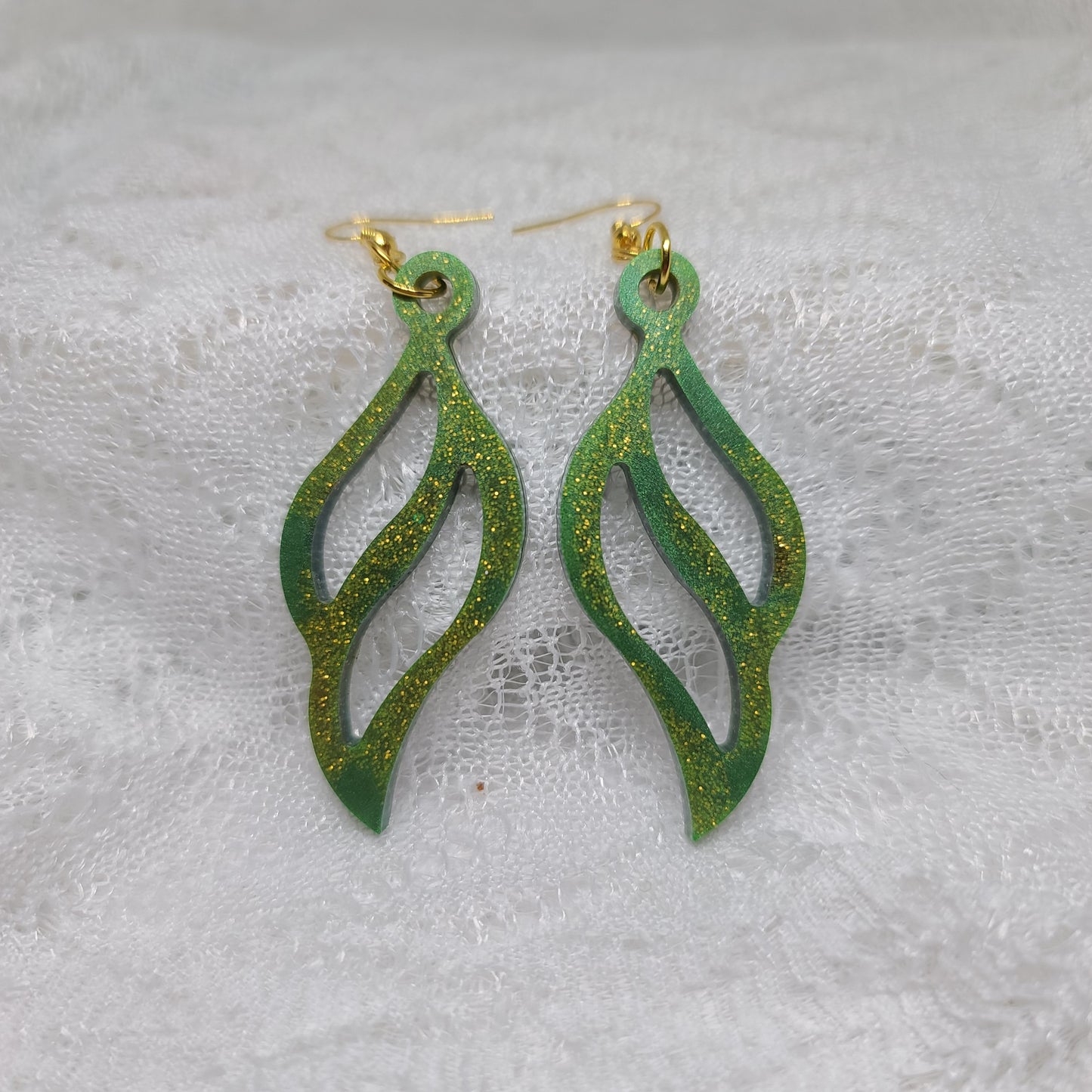 Green & Gold Feather Wing Shaped Dangle Earrings
