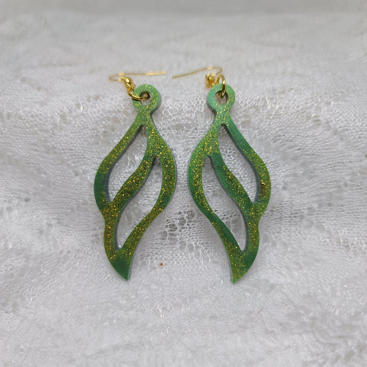 Green & Gold Feather Wing Shaped Dangle Earrings