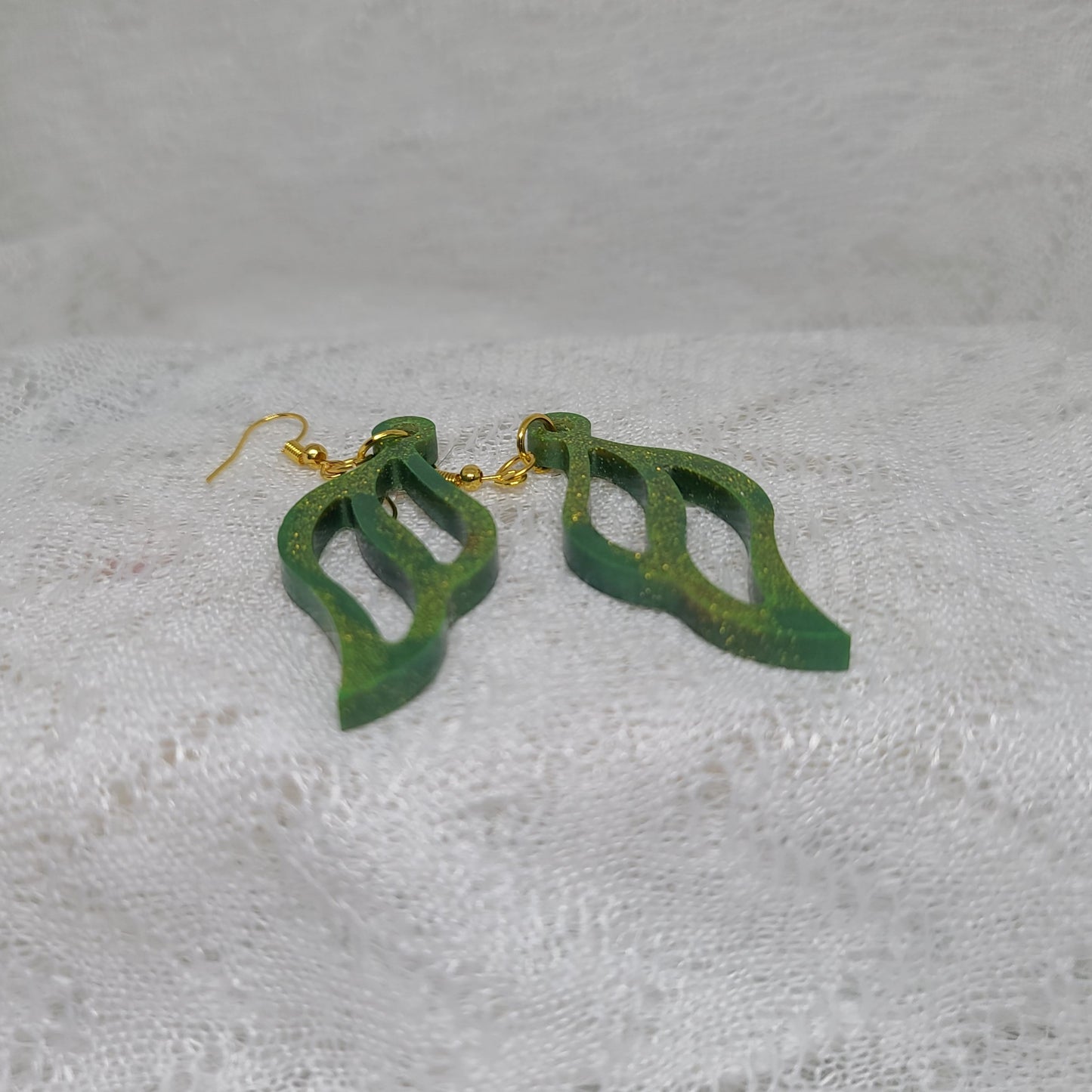 Green & Gold Feather Wing Shaped Dangle Earrings