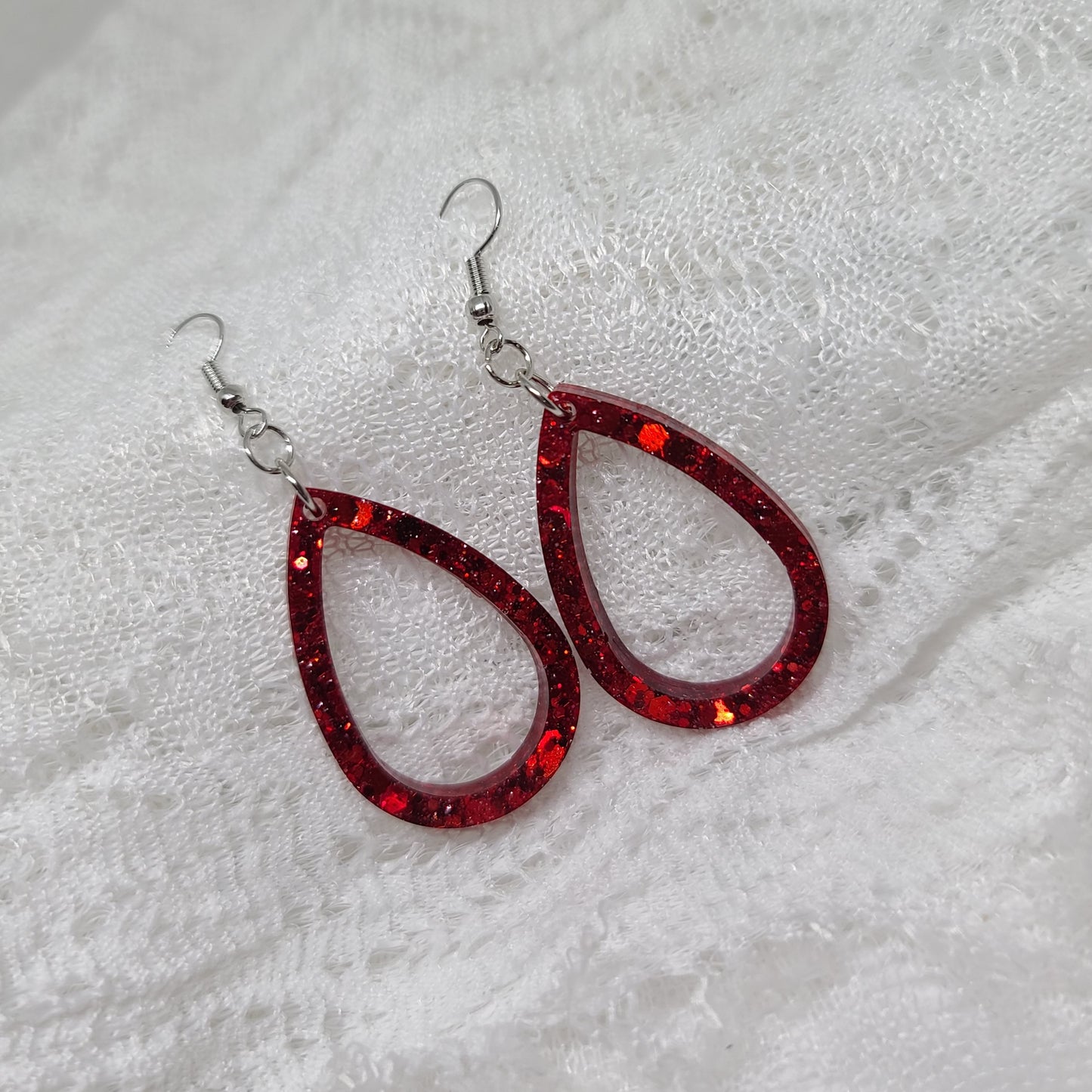 Red Glitter Small Hoop Teardrop Earrings