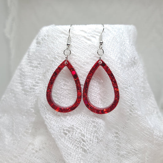 Red Glitter Small Hoop Teardrop Earrings
