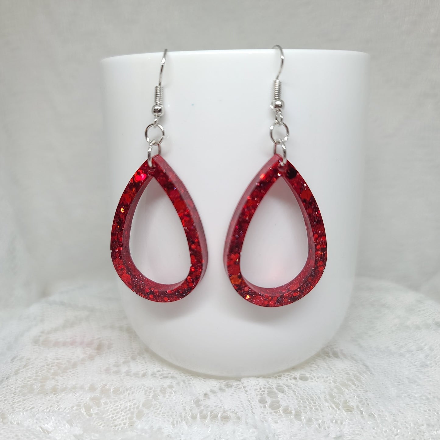 Red Glitter Small Hoop Teardrop Earrings