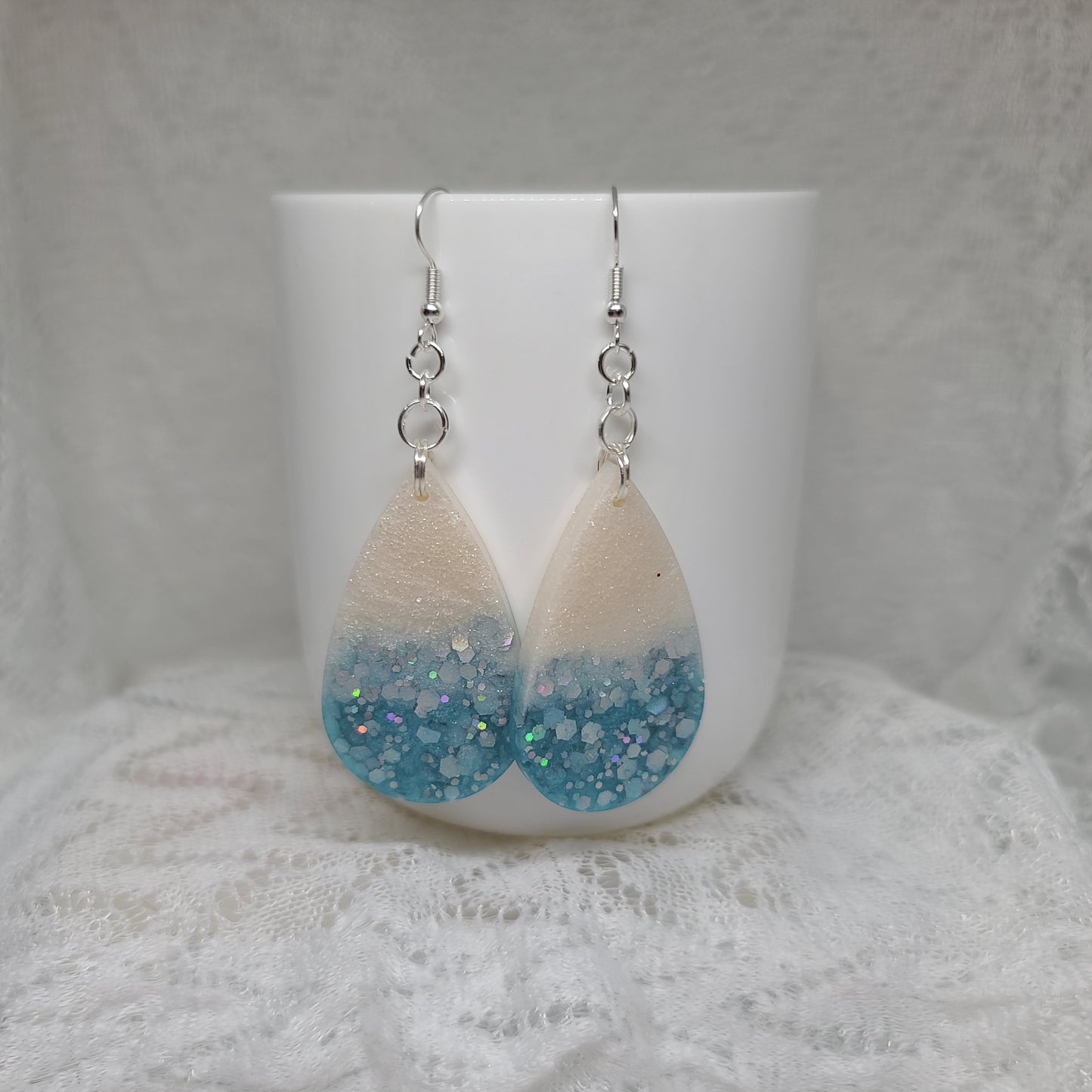 Light Blue & White Glitter Teardrop Earrings