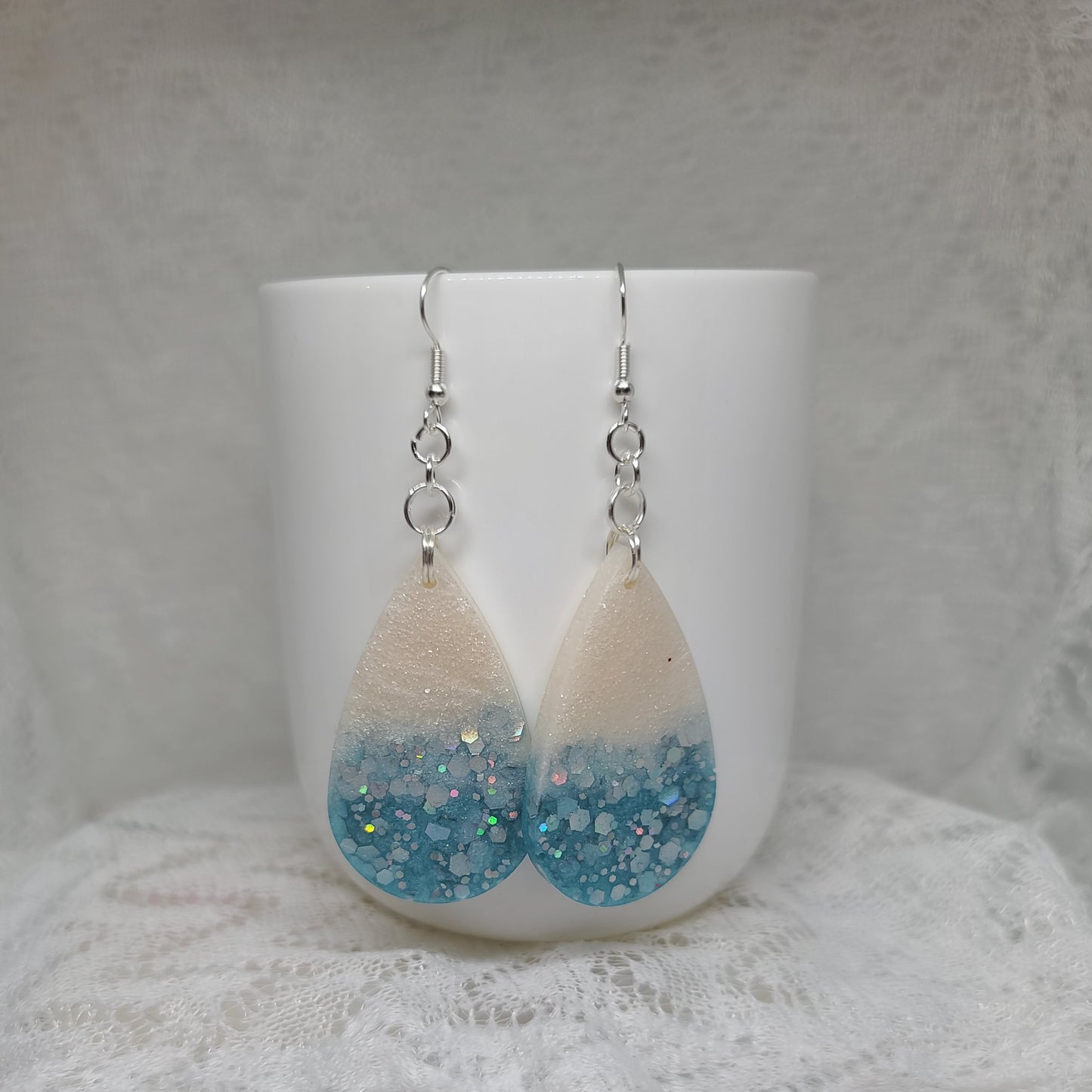 Light Blue & White Glitter Teardrop Earrings
