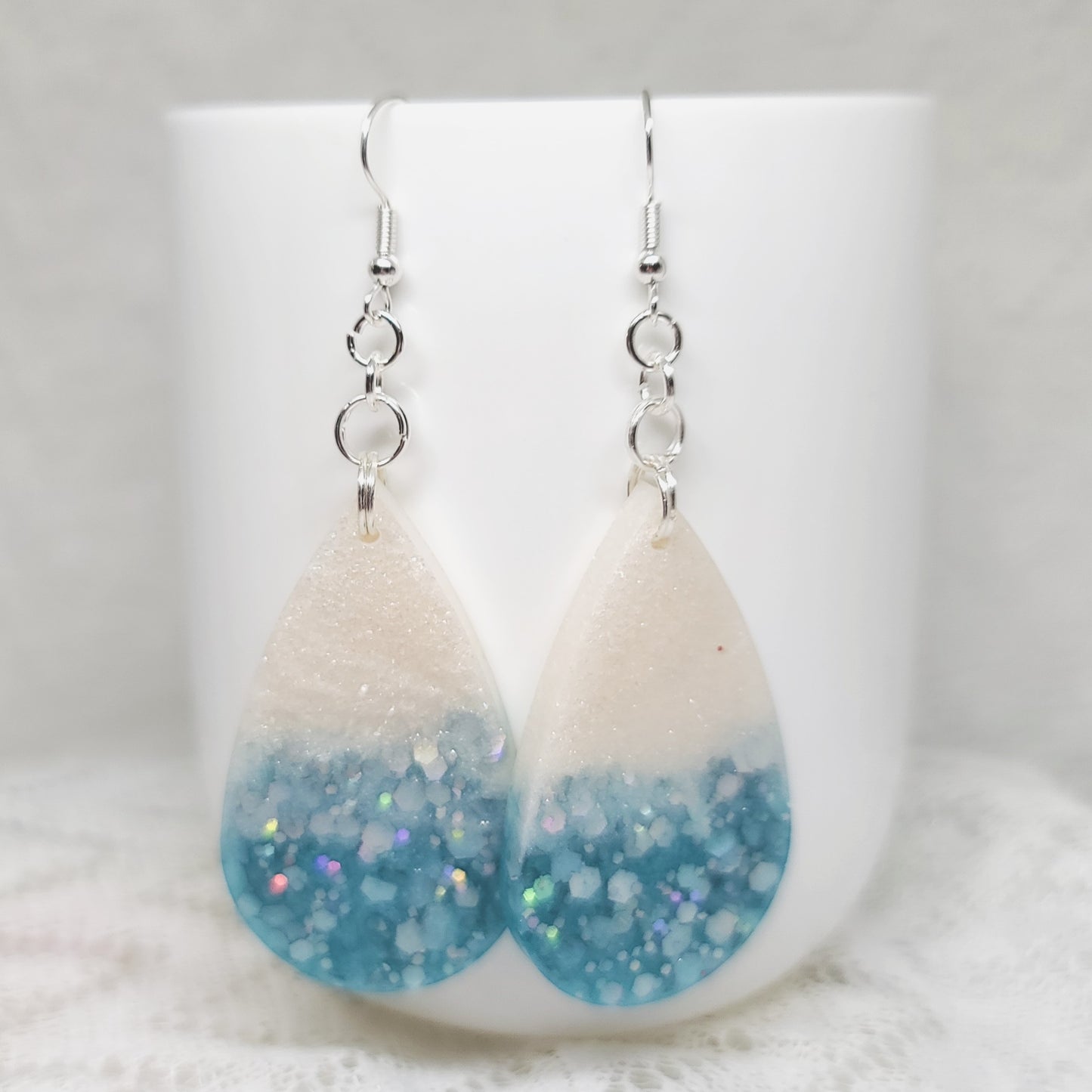 Light Blue & White Glitter Teardrop Earrings
