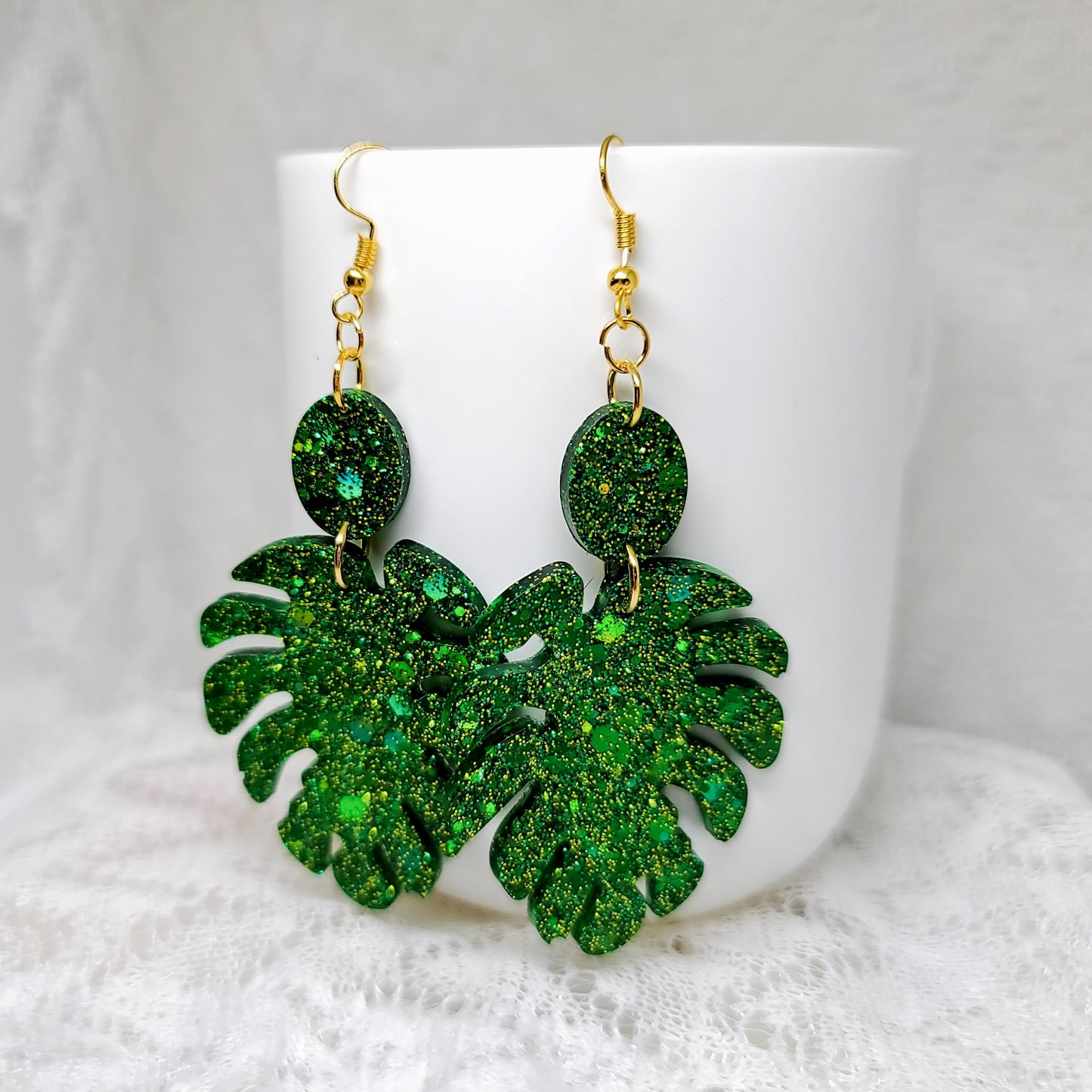 Green Glitter Monstera Leaf Dangle Earrings