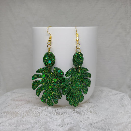 Green Glitter Monstera Leaf Dangle Earrings