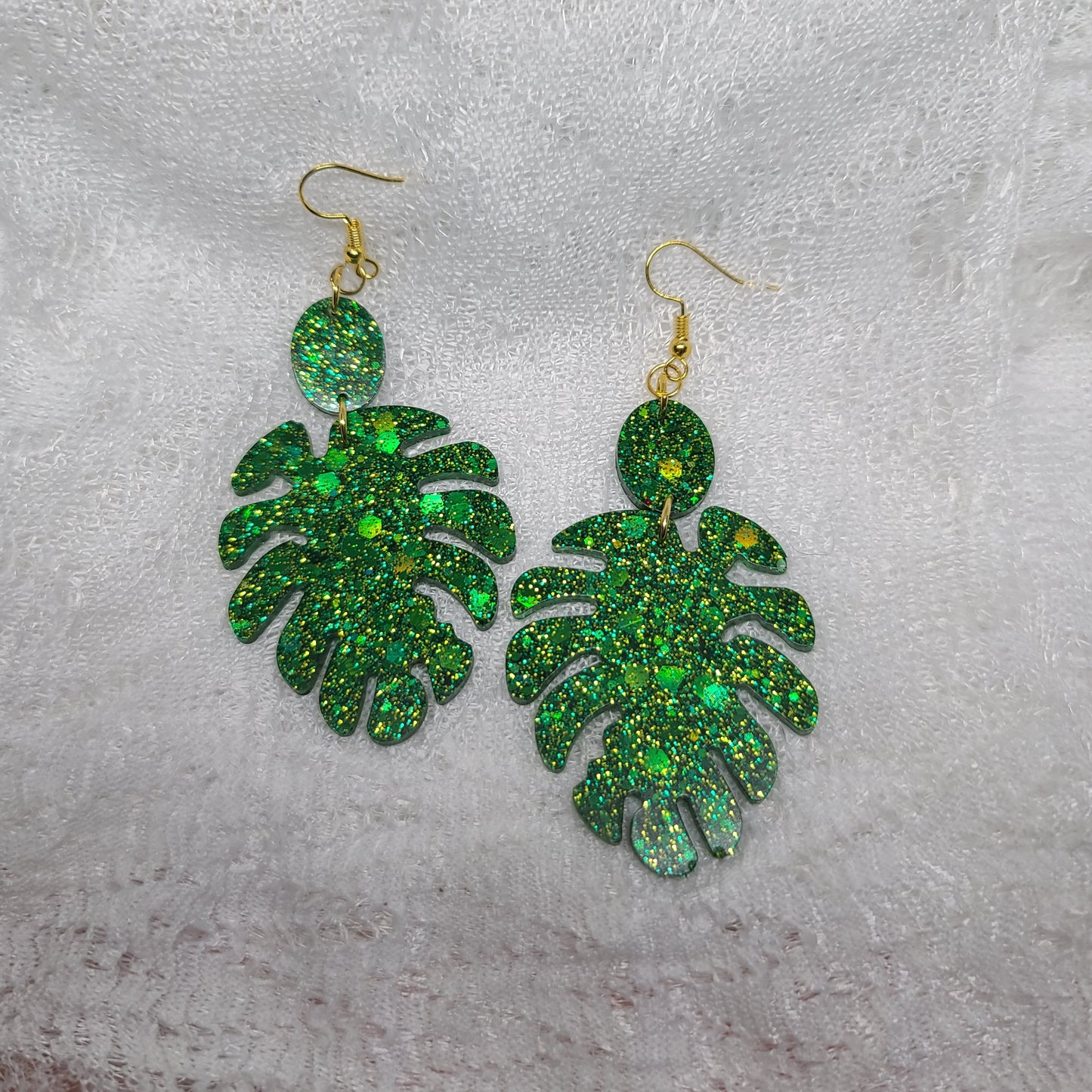 Green Glitter Monstera Leaf Dangle Earrings