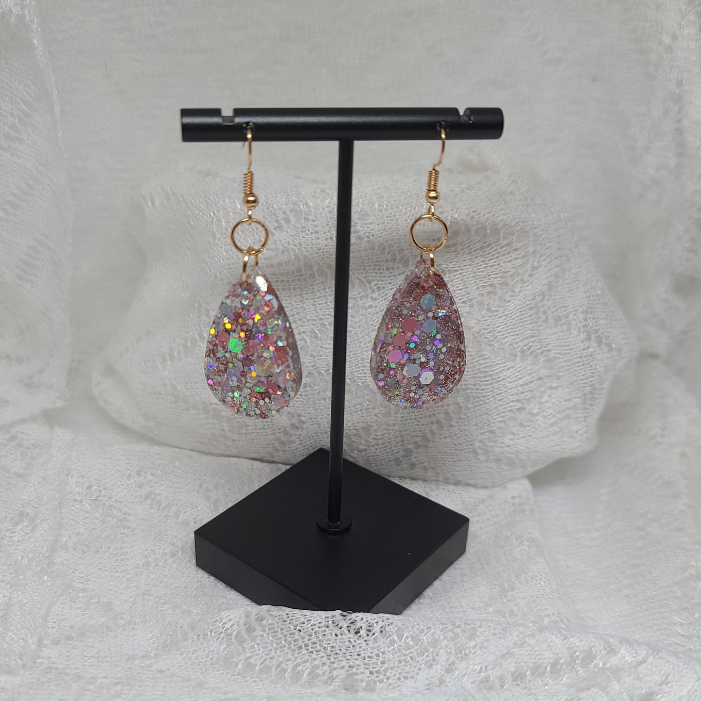 Silver & Pink Chunky Glitter Teardrop Dangle Earrings