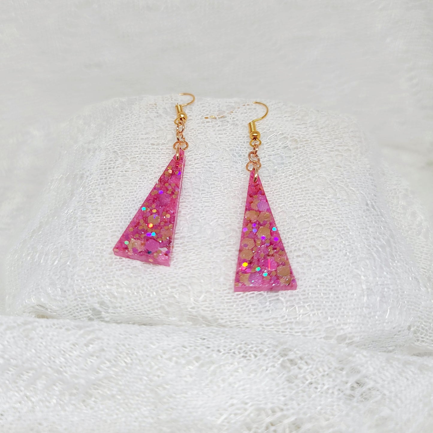 Pink & Rose Gold Glitter Triangle Dangle Earrings