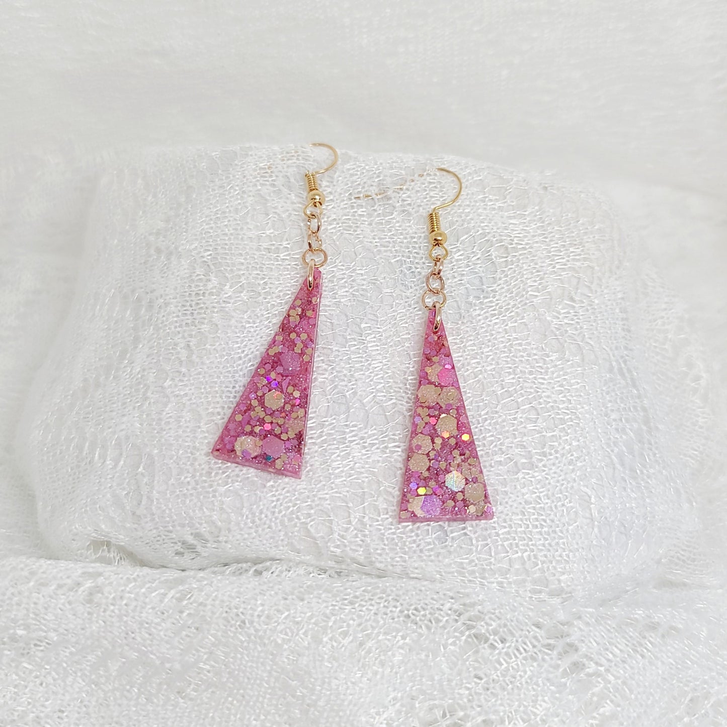 Pink & Rose Gold Glitter Triangle Dangle Earrings