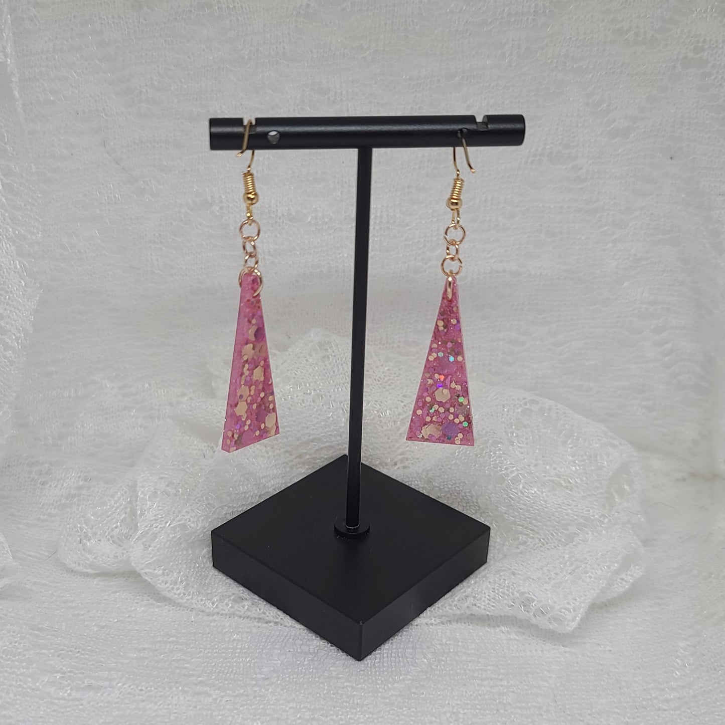Pink & Rose Gold Glitter Triangle Dangle Earrings