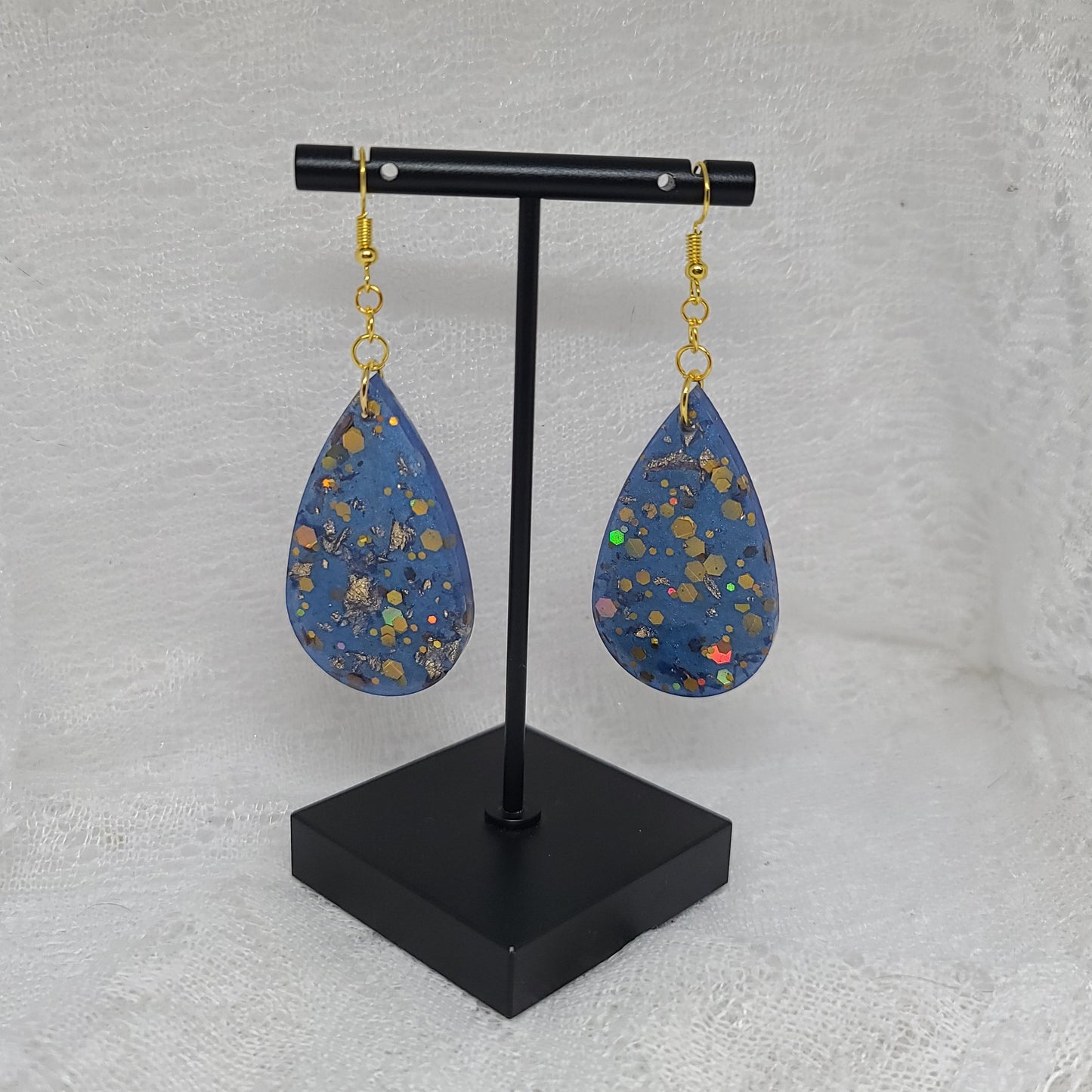 Navy Blue & Gold Glitter Teardrop Earring