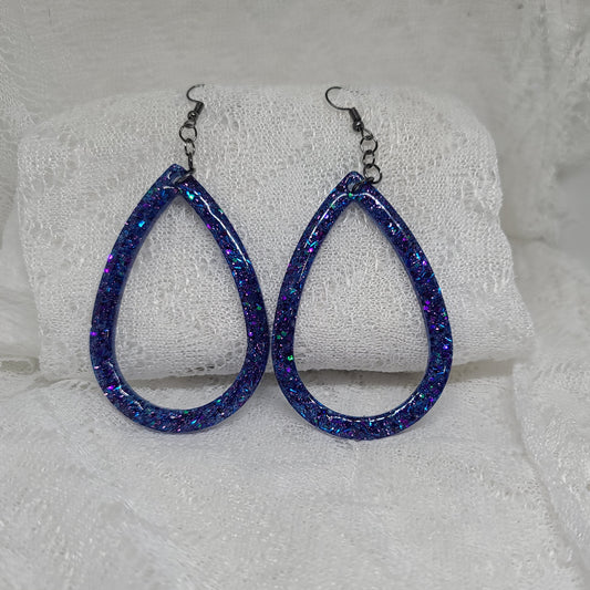 Large Blue Glitter Hoop Teardrop Earrings