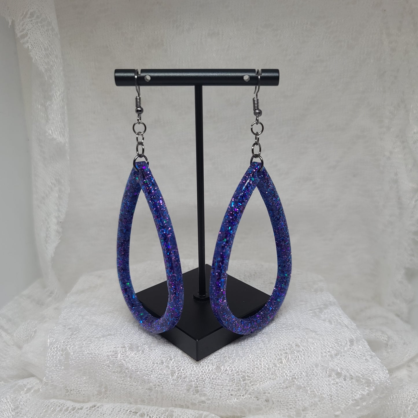 Large Blue Glitter Hoop Teardrop Earrings