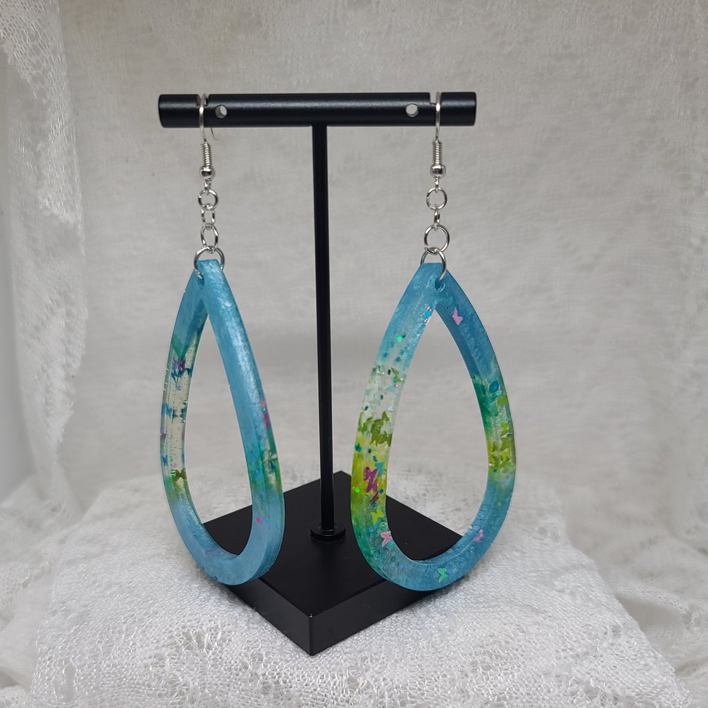 Light Blue with Butterfly Glitter Large Hoop Teardrop Resin Earrings