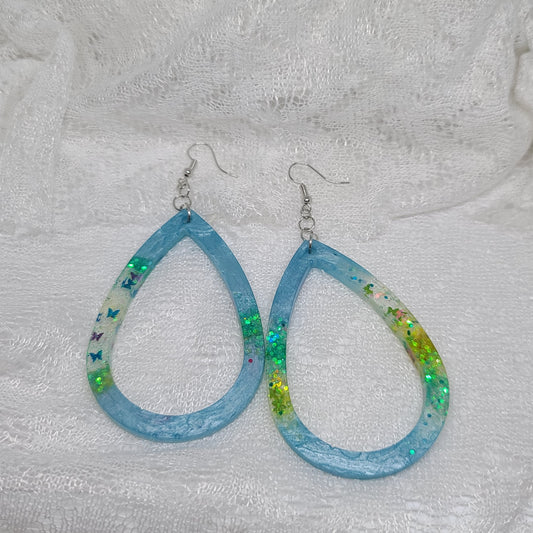 Light Blue with Butterfly Glitter Large Hoop Teardrop Resin Earrings