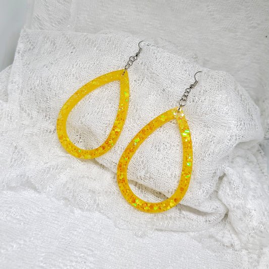 Yellow Glitter Larger Hoop Teardrop Earrings