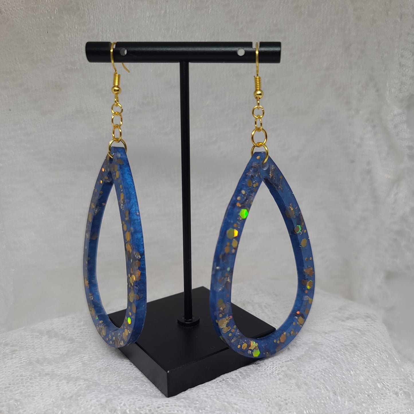 Navy Blue & Gold Glitter Large Hoop Teardrop Earrings