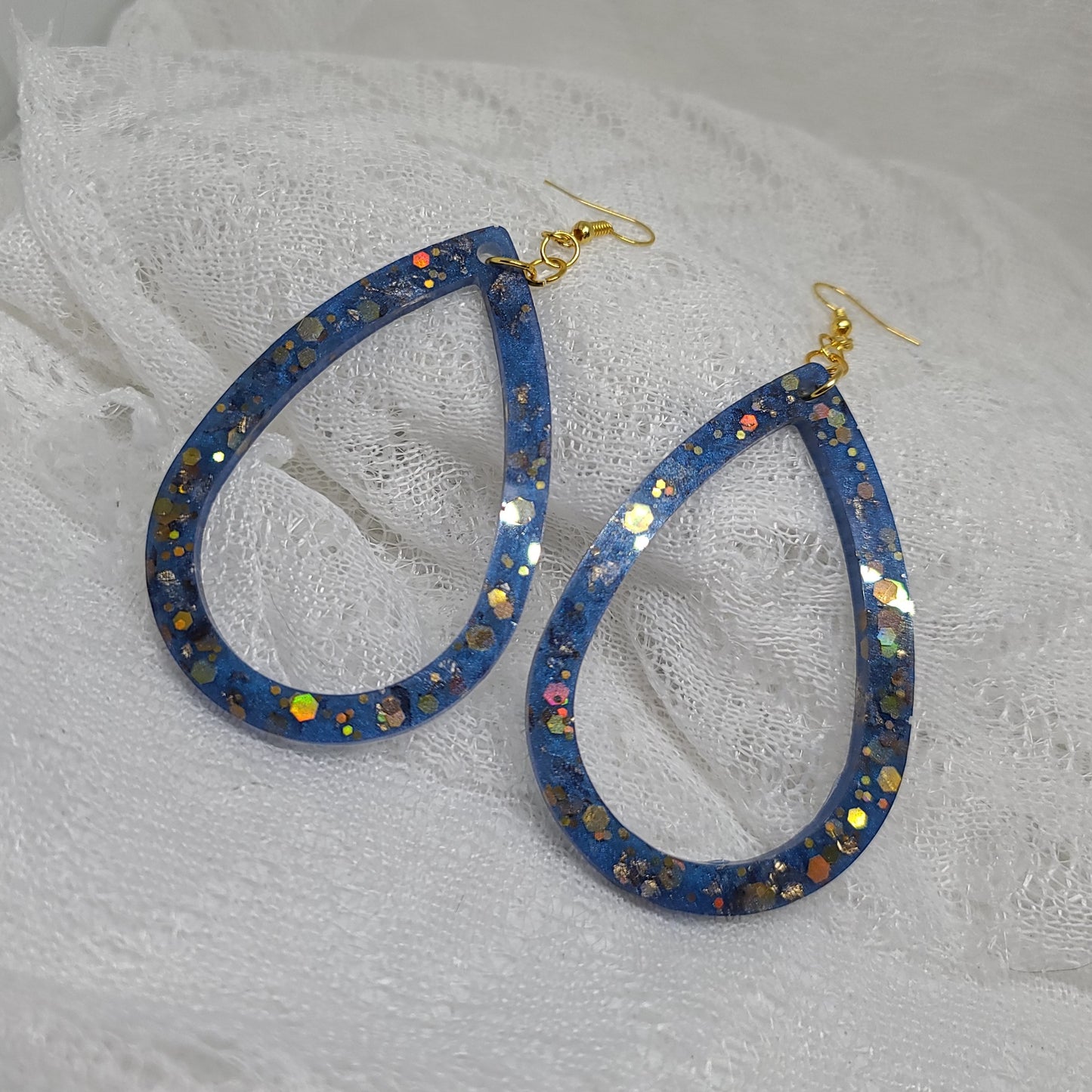 Navy Blue & Gold Glitter Large Hoop Teardrop Earrings