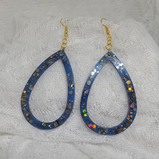 Navy Blue & Gold Glitter Large Hoop Teardrop Earrings