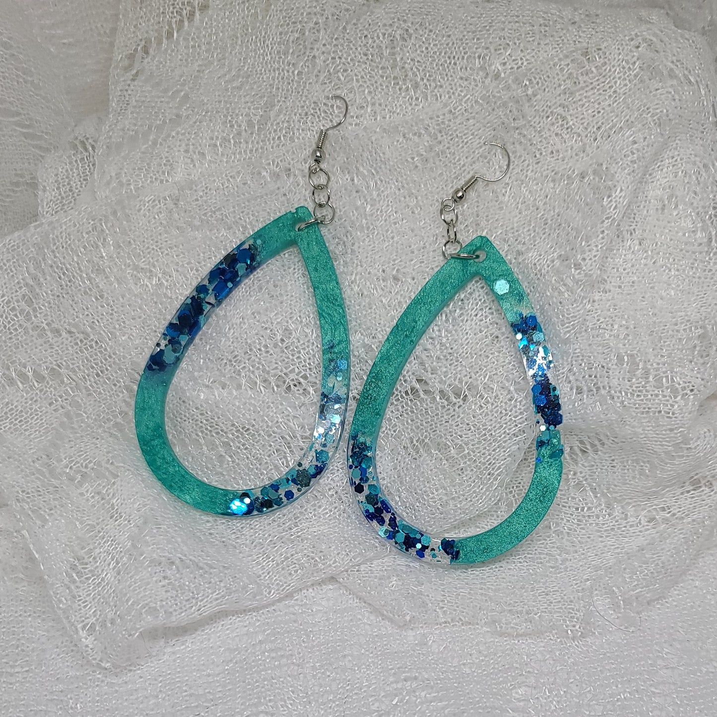 Teal & Dark Blue Chunky Glitter Large Hoop Teardrop Earrings