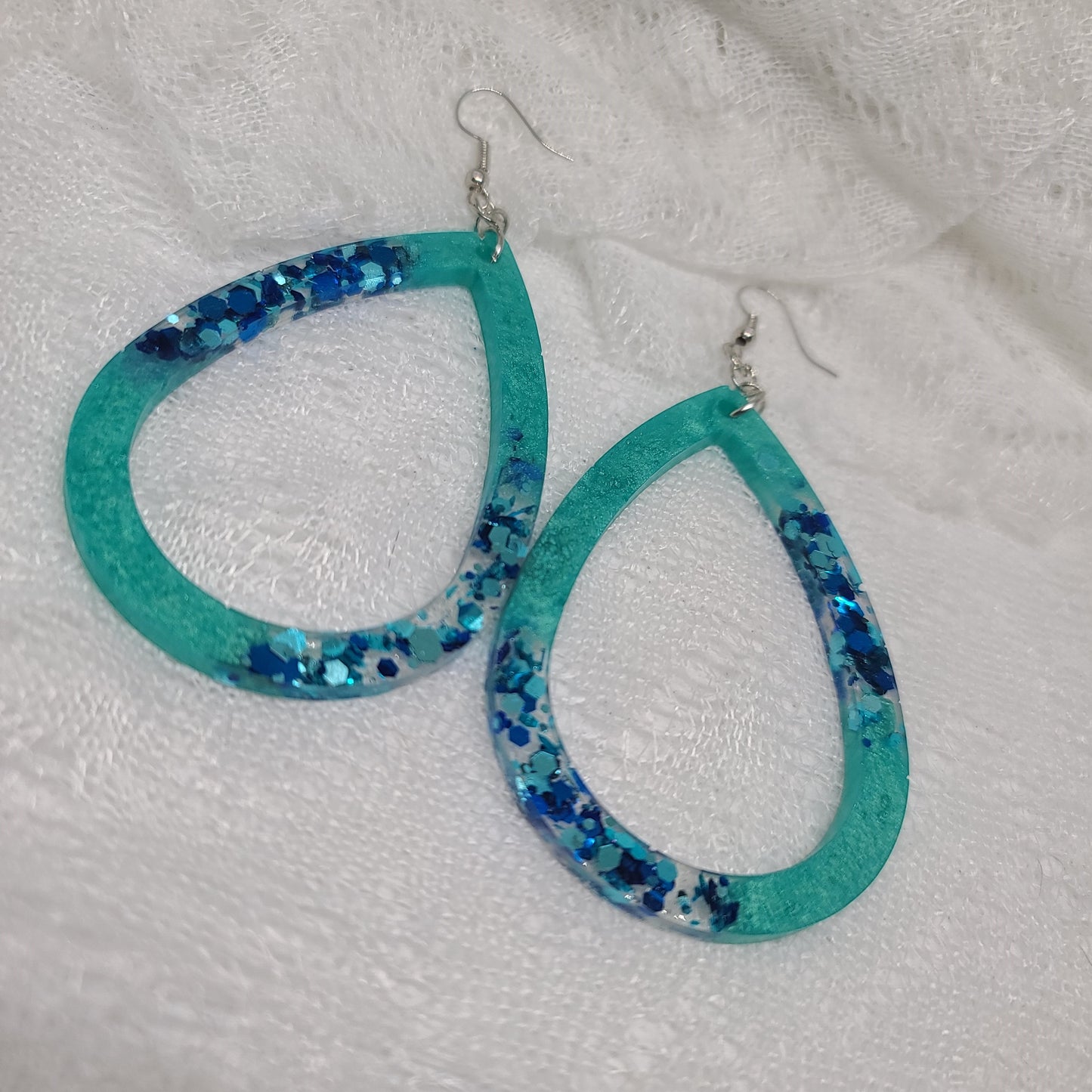 Teal & Dark Blue Chunky Glitter Large Hoop Teardrop Earrings
