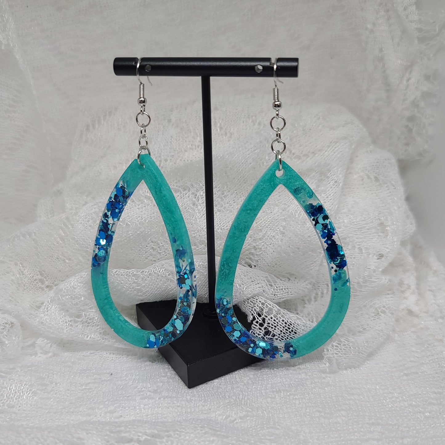 Teal & Dark Blue Chunky Glitter Large Hoop Teardrop Earrings
