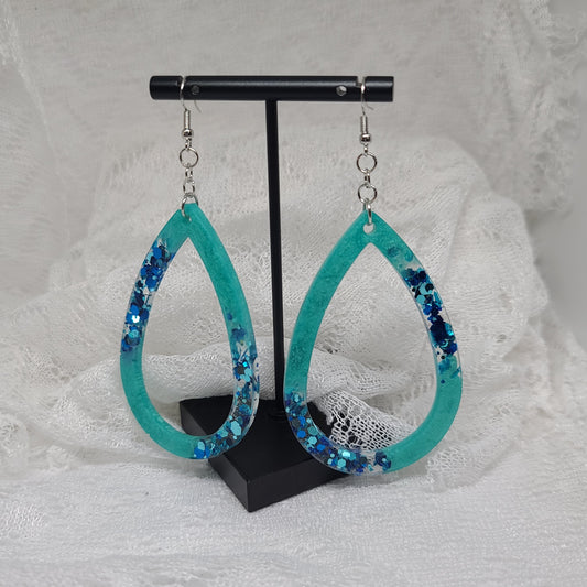 Teal & Dark Blue Chunky Glitter Large Hoop Teardrop Earrings