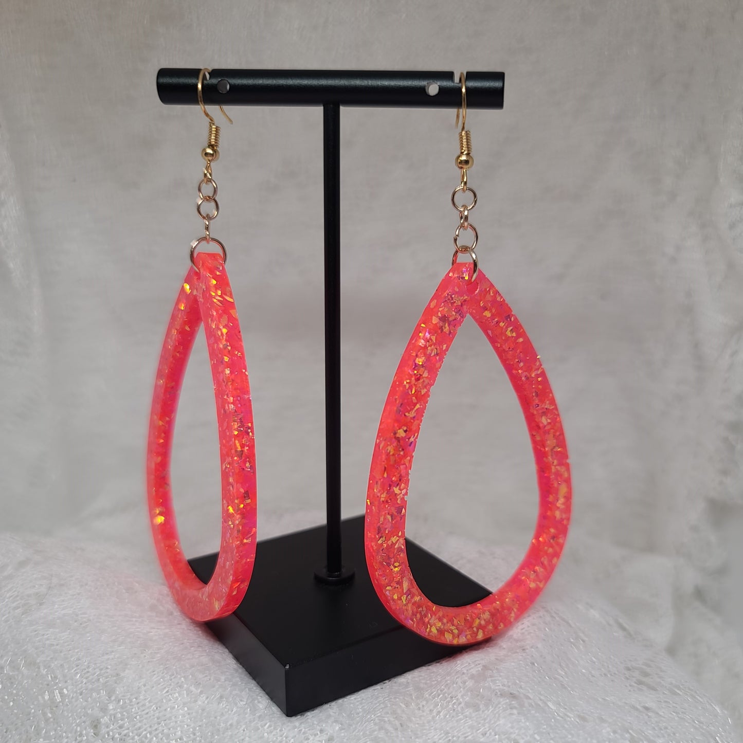 Neon Orange Gold Glitter Larger Hoop Teardrop Earrings