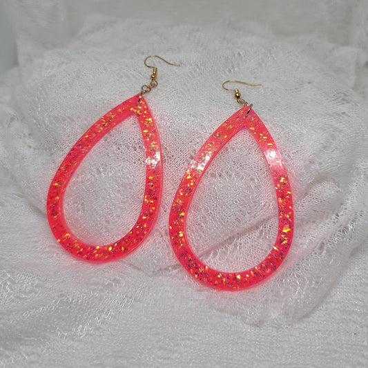 Neon Orange Gold Glitter Larger Hoop Teardrop Earrings