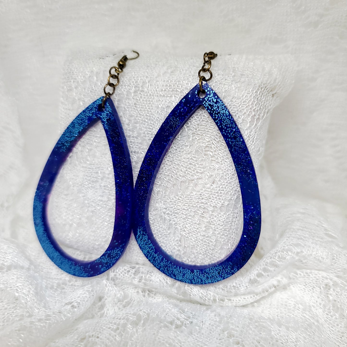 Dark Blue Glitter Large Hoop Teardrop Earrings